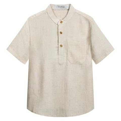 Aimehonpe Toddler Boys Short Sleeve Cotton Linen Shirt, Top Tee Classic Henley Shirt Solid Soft, Beige, X-Large Cover