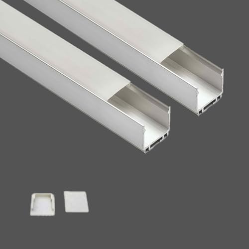 Image of (25x25mm) LED Strip Light 1Meter Aluminium Rectangular Surface Profile Light Channels with Diffused Cover, End Caps and Mounting Clips Without LED Straight Linear - Pack of 2