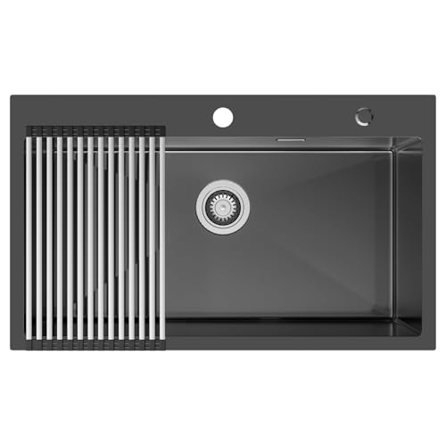 Auralum Fregadero Negro 75 x 45 cm, Fregadero Cocina 1 Seno con Escurreplatos, Fregadero Antracita de Acero Inoxidable incluido Sifon, Desbordamiento y Desagüe, Fregadero sobre Encimera o Enrasado
