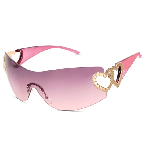 JTYKUYR Y2K Wrap Around Rimless Sunglasses Trendy Shield Silver Heart 2000S Fashion Frameless Sun Glasses for Women Men (Grey Pink Frame/Grey Pink Lens)