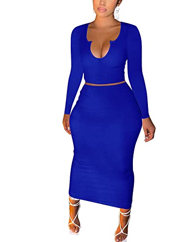 Image of Women Sexy Two Piece Skirt Outfits Long Sleeve /Sleeveless V Neck Bodycon Ribbed Knitted Maxi Club Party Dress