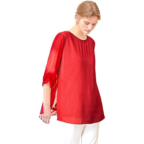 LENUE Women's Round Neck 3/4 Sleeve Chiffon layered Tunic Blouse - Perfect for Birthday Gifts (Red-Stripes, s) Cover