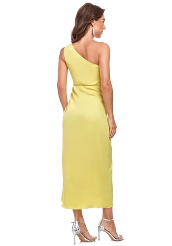Image of Women's One Shoulder Satin Silk Backless Split Wrap Hem Twist Ruched Summer Party Cocktail Midi Dress