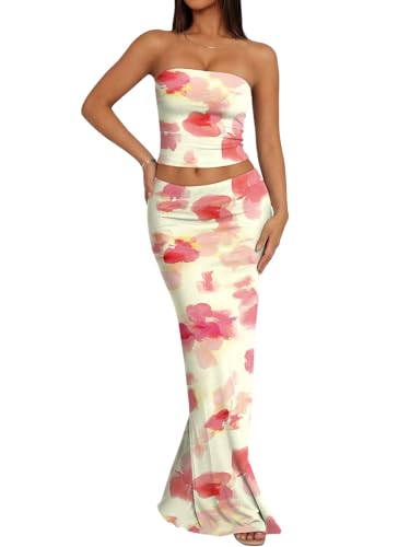Trendy Queen Womens 2 Piece Skirt Sets Floral Summer Outfits 2026 Going Out Bodycon Maxi Skirts Tube Tops Sexy Y2k Cute Beach Cruise Vacation Clothes Yellow Pink S