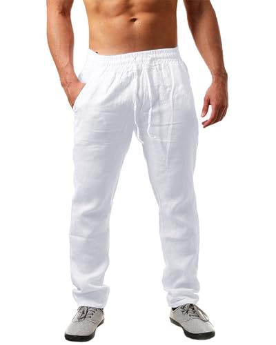 Men's Linen Pants Summer Yoga Beach Baggy Trousers Loose Fit Straight-Legs Elastic Drawstring Waist Casual Pants White