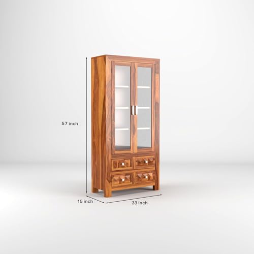 Image of Wood Book Shelf for Home Library | Book Shelf with Acrylic Glass Door | Kitchen Crockery Cabinet, Almirah, Home,Office Study Room Furniture Books Rack (Honey Finish)