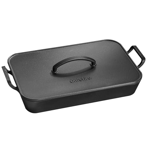 Onlyfire Fuente de Horno Rectangular de Hierro Fundido con Tapa, 42cm Rustidera XL, Apta para Inducción para Asados, Pescado y Pan, Horno, Barbacoa y Camping, Precurado