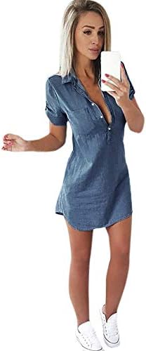 Kinrui Clearance!Women Short Sleeve Solid Denim Dress Turn Down Shirt Tunic Top Collar Mini Dress (Blue, M)