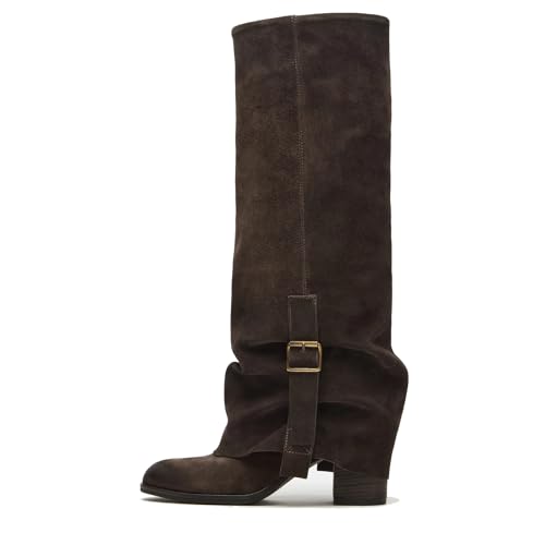 Fold Over Knee High Boots Women Wide Calf Round Toe Long Boots Chunky Block Heels Pull on Tall Boots with Adjustable Buckle