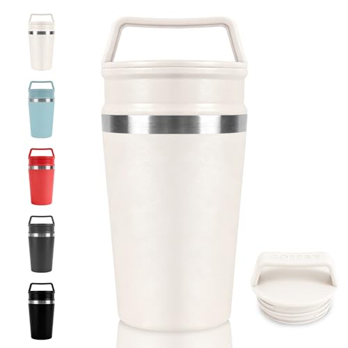 Thermal Coffee Mug to Go 320 ml, Thermal Mug Coffee to Go Vacuum Leak-Proof Stainless Steel Coffee Mug Thermo, Dishwasher Safe, Easy Carry Handle, Coffee To Go Mug (White)