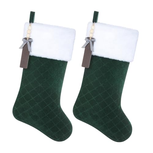 Shgngle Green Velvet Quilted Personalized Christmas Stocking,19.5 Inch Fireplace Hanging Stockings with Blank Wooden Tags DIY Name,Family Holiday Decorations and Xmas Gift(Green 2Pcs)