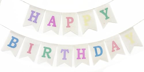 Happy Birthday Banner Sign, Burlap Pastel Rainbow Happy Birthday Party Decoations for Girls Women