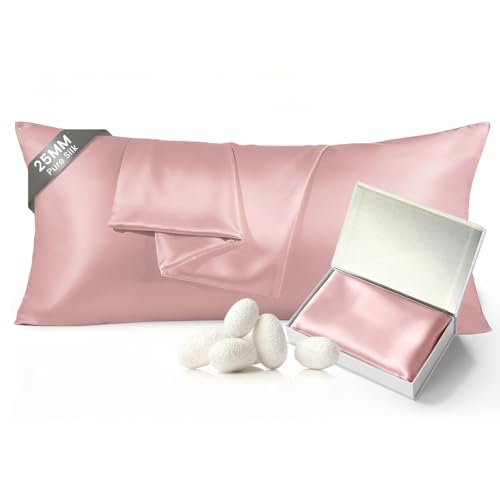 Image of THXSILK 25 Momme Mulberry Silk Pillowcase for Hair and Skin, 100% Mulberry Silk Grade 6A+, Dual-Sided Silk Body Pillow Case with Hidden Zipper, Body Size 20 inchx54 inch Silk Pillow Case, 1pc, Light Pink