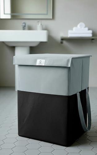 Image of 75L Foldable Laundry Basket with Lid | Large basket for Clothes, Toys | Freestanding & Collapsible Storage Hamper | Toy Storage | Washing cloth bin (Grey & Black)
