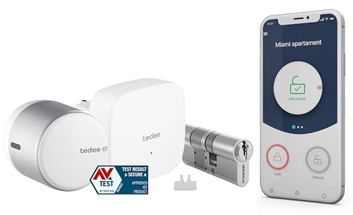 tedee Go Cerradura Inteligente Plata, Bluetooth Cerradura Electronica con Bloqueo Automático y App, Certificado AV-TEST (+ Bridge Wifi + Modular cylinder GERDA 30-61 mm / 30 mm (A) + bar)