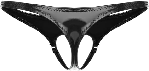 Mens Faux Leather Open Crotch Underwear Wet Look Low Rise T-Back Thongs Elastic Waistband Crotchless G-String Nightwear,Black,L