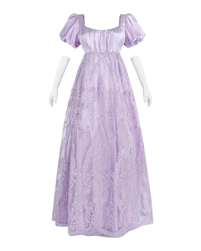FCCAM Regency Robe à manches bouffantes pour femme - Taille empire - Robe vintage victorienne avec broderie en maille - Robe de fête avec gants, Violet 1502, S