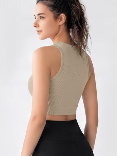 Image of ODODOS 3-Pack Seamless Crop Tank for Women Ribbed Soft High Neck Cropped Tops
