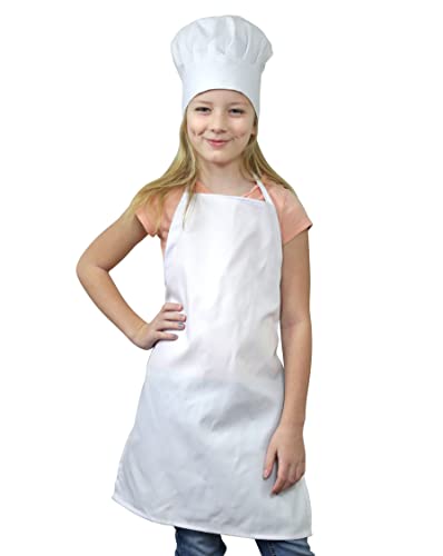 Tessas Kitchen Club - Chef Hat and Apron Set for Kids Real Cooking and Baking Wear Kit for Young Chefs in Training (White Med (6-12yr))