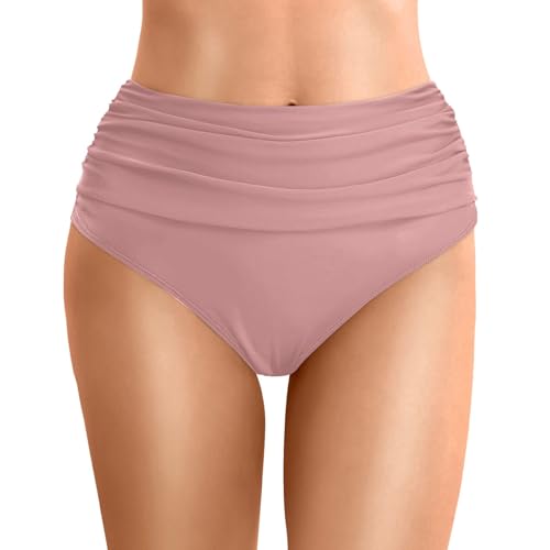 RUMAOZIA Bikinihose Damen Bauchweg Badehose Retro High Waist Bikini Hose Ruched Klassisch Bikinis UnterBadeshorts Boardshorts Schwimmshorts Badehose für Frauen Strand luftig Schwimmbad, O rosa., XL