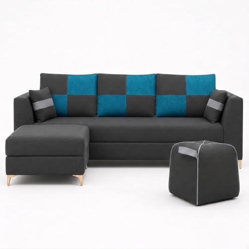 Image of FURNY Signature Cresta 5-Seater L-Shape Sofa Set with Movable Ottoman & Suri Pouf | Flexible LHS /RHS Layout | Boston Fabric | 40D Foam + Zigzag Spring | 3-Yr Warranty (Ash Grey-Aqua Blue)