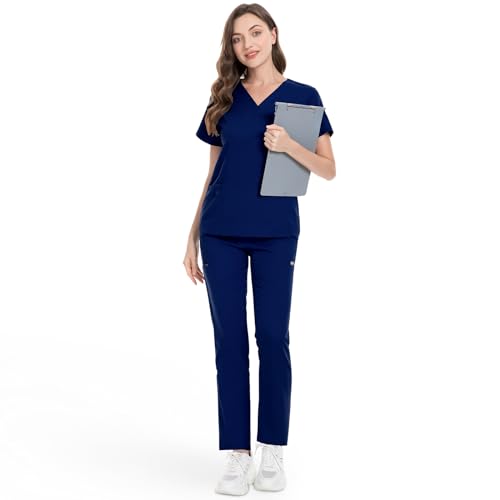 niaahinn Classic Scrub Set for Women - V-Neck Scrub Top & Stylish Scrub Jogger Pants with Multi Pocket Medical Uniform (Navy Blue,XS,X-Small)
