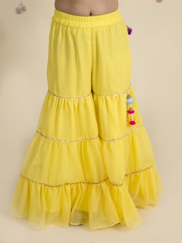 Image of Pspeaches Girls Ethnic Yellow Embroidered Georgette Sleeveless Square Neck Kurti & Sharara with Dupatta 3 Piece Set