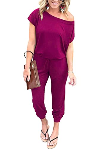Image of PRETTYGARDEN Jumpsuits for Women Summer Off Shoulder Romper | Short Sleeve Drawstring Waist, Jogger Jumpers with Pockets, One Piece Spring Break Outfits, Vacation Travel Lounge Clothes