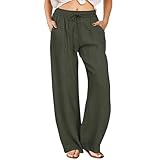 FireSwan Womens Palazzo Pants Casual Drawstring Flowy Pants Wide Leg Summer Beach Linen Trousers with Pockets Green