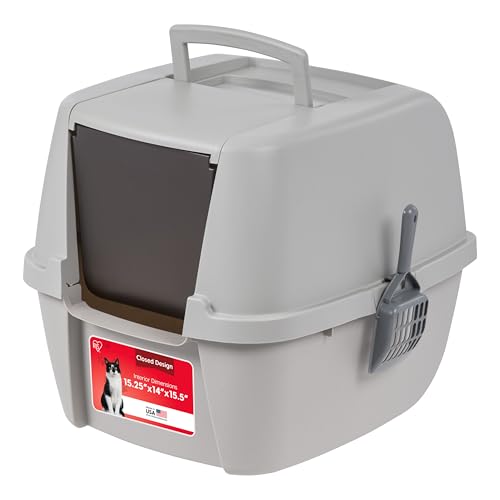 IRIS USA Jumbo Enclosed Cat Litter Box with Front Door Flap and Scoop, Covered Kitty Litter Box with Handle and Buckles for Portability and Privacy, Gray