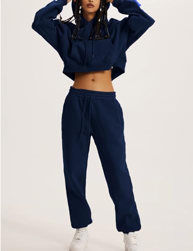 Flygo Womens Fleece 2 Piece Outfits Sweatsuit Crop Pullover Sweatshirt Joggers Pants Tracksuit Set