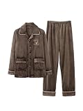Conjunto De Pijamas De Dos Piezas Para Hombre: Pijamas De Franela Cálidos Y Engrosados De Otoño E Invierno De Color Marrón Con Bolsillo, Cárdigan Con Botones De Talla Grande, Conjunto De Ropa Par