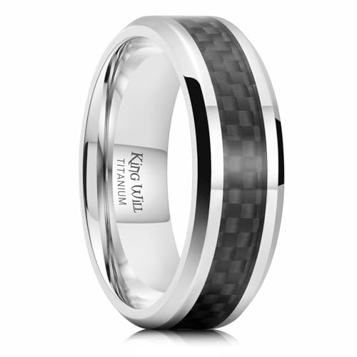 King Will GENTLEMAN 7mm Mens Titanium Wedding Ring Carbon Fiber Inlay Engagement Ring Black/Silver/Gold/Blue Promise Ring For Him Comfort Fit