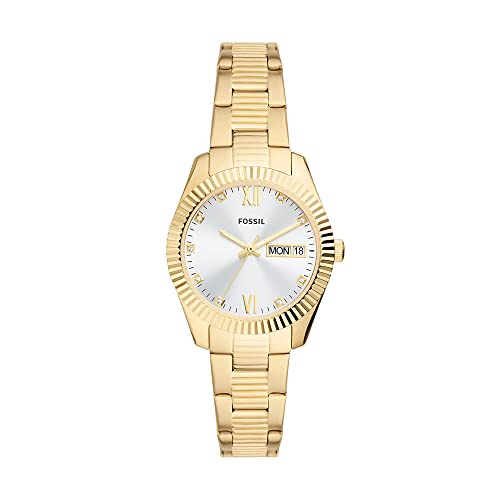 Fossil Montre Scarlette Day-Date Trois Aiguilles en Acier Inoxydable Ton Or pour Femme, ES5199