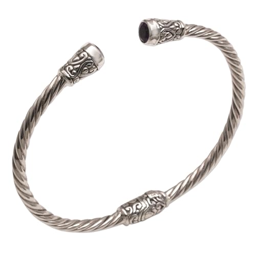 NOVICA Artisan Handmade Amethyst Cuff Bracelet Sterling Silver from Bali Purple Indonesia Birthstone [6 in L (end to End) x 0.2 in W] ' Spiral Temple'3