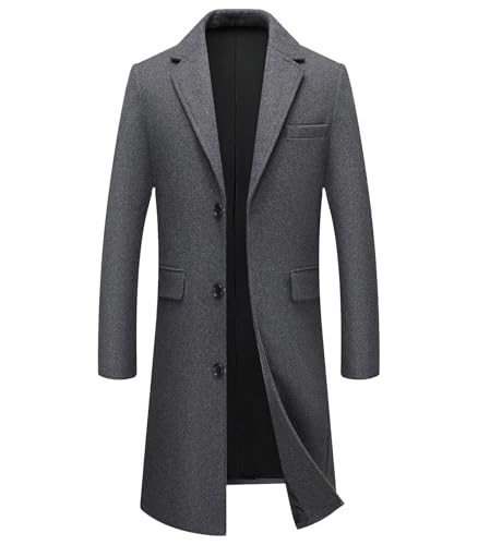 FTIMILD Mens Wool Blend Long Trench Coat Notch Lapel Single Breasted Overcoat with Pockets