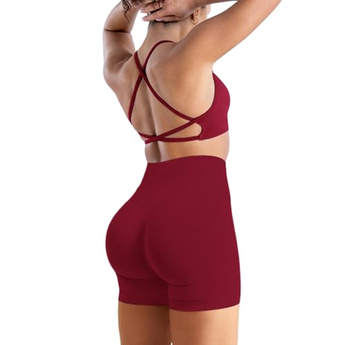 Ensemble de sport 2 pièces sans couture femme short de yoga taille haute brassière dos croisé