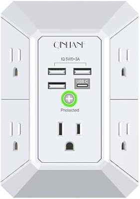 Wall Charger, Surge Protector, QINLIANF 5 Outlet Extender with 4 USB Charging Ports, 3-Sided 1680J Power Strip Multi Plug Adapter Spaced for Home Travel Office