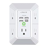 Wall Charger, Surge Protector, QINLIANF 5 Outlet Extender with 4 USB Charging Ports, 3-Sided 1680J Power Strip Multi Plug Adapter Spaced for Home Travel Office