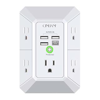 Wall Charger, Surge Protector, QINLIANF 5 Outlet Extender with 4 USB Charging Ports, 3-Sided 1680J Power Strip Multi Plug Adapter Spaced for Home Travel Office