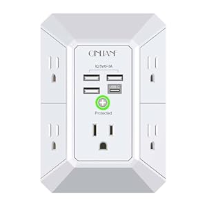 Wall Charger, Surge Protector, QINLIANF 5 Outlet Extender with 4 USB Charging Ports, 3-Sided 1680J Power Strip Multi Plug Adapter Spaced for Home Travel Office