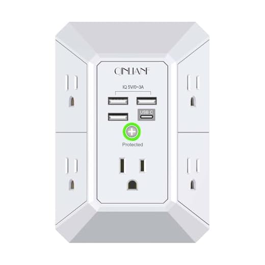 Wall Charger, Surge Protector, QINLIANF 5 Outlet Extender with 4 USB Charging Ports (4.8A Total) 3-Sided 1680J Power Strip Multi Plug Adapter Spaced for Home Travel Office (3U1C)