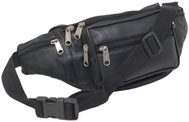 RAS Unisex Black Leather Large Travel Money Pouch Waist Bum Bag Adjustable Belt Strap 1006 (Black)