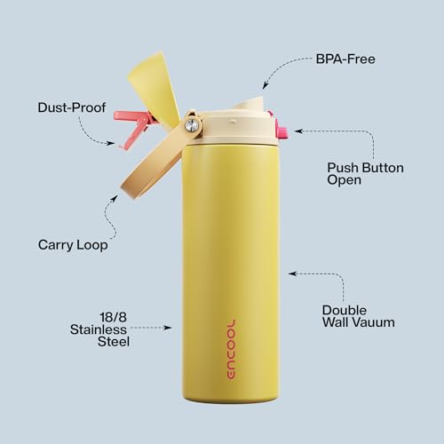 Image of Insulated Water Bottle with Straw - Encool Stainless Steel Water Bottle with Push Button Lid, Leak-Proof & BPA-Free, Keeps Cold for 24 Hours for Sports, Travel, Gym (24 oz, Ginger)