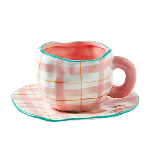 Noviko Pink Coffee Mug Cute Cup with Saucer Set for Women 10 oz