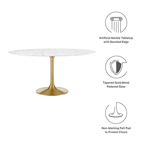 Image of Modway Lippa 60 inch Mid-Century Dining Table with Round Artificial Marble Top in Gold White