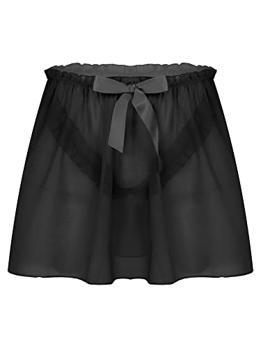 easyforever Men's Sissy Crossdresser Skirts Sheer Mesh Chiffon Ruffled See Through Dress Panties Costume (Black Type A, 3X-Large)