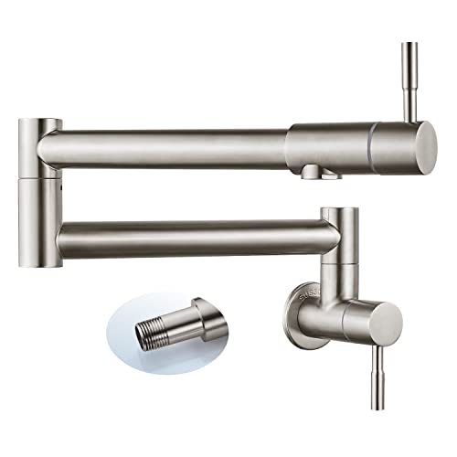 Cinwiny Pot Filler Brushed Nickel Wall Mounted Folding Stretchable Kitchen Restaurant Sink Faucet with Double Joint Swing Arm Single Hole Two Handles Commercial NPT Stainless Steel