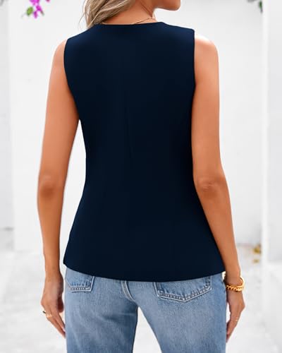 BTFBM Summer Sleeveless Blazer Vest For Women Dressy Button Down Round Neck Business Casual Outfits Work Suit Vests Tops(Navy Blue, X-Large) — view 3