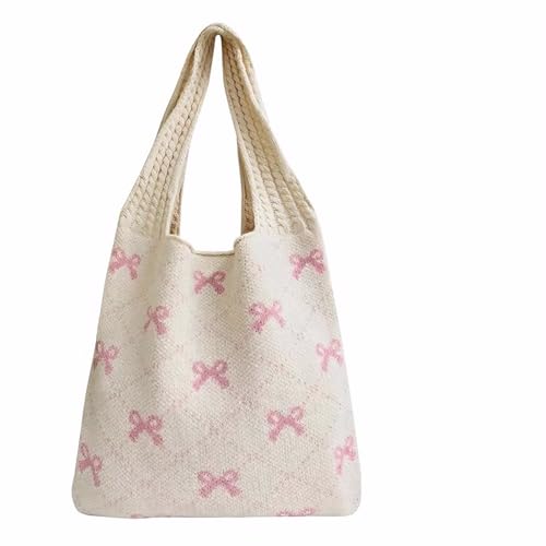 ROBOHOOK Bolsa de mano con lazo, bonita bolsa de ganchillo para mujer, bolsa de mano estética floral de coqueta, bolsa rosa, adecuada para viajes de verano, compras, blanco y rosa, Blanco+rosa, Talla